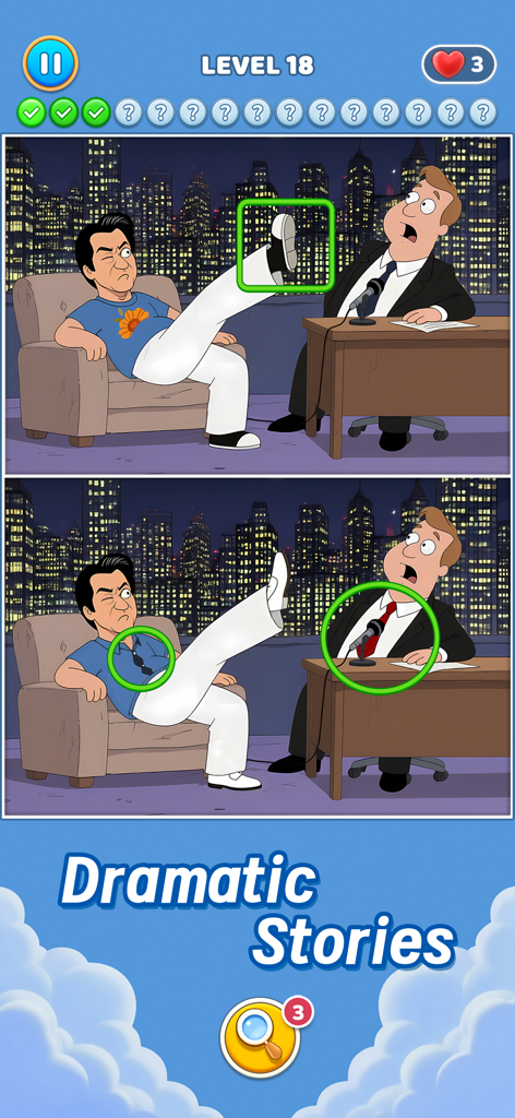 Differences - Spot & Search It - A spot the difference puzzle game level featuring a cartoon talk show scene with highlighted differences