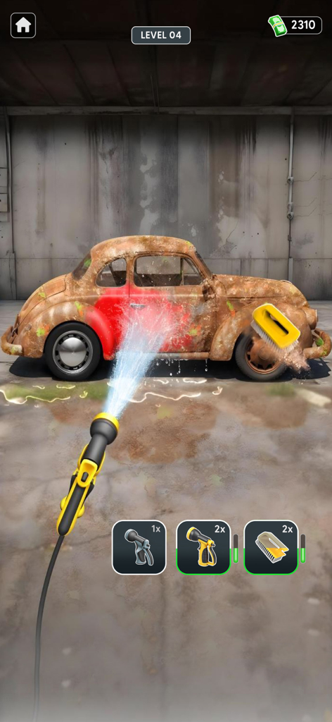 Car Wash Games: Repair Garage - Gameplay screen showing a power washer cleaning a rusty red car in a garage