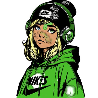 realistic girl wearing a hoodie and a beanie and headphones and nikes