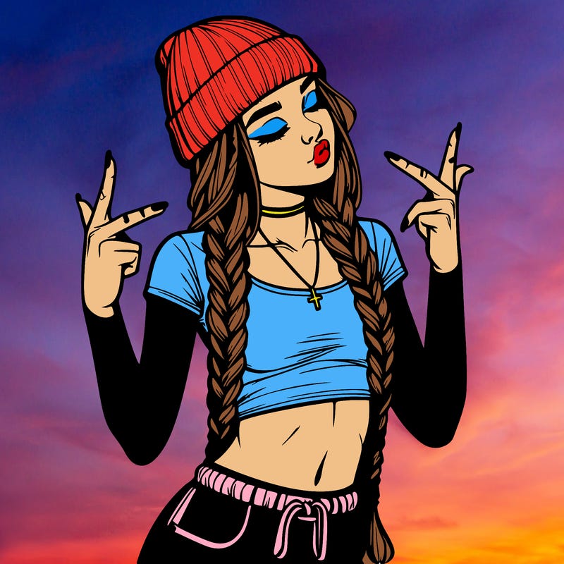realistic teenage girl with braids and a beanie and crop top doing 🫶🏼