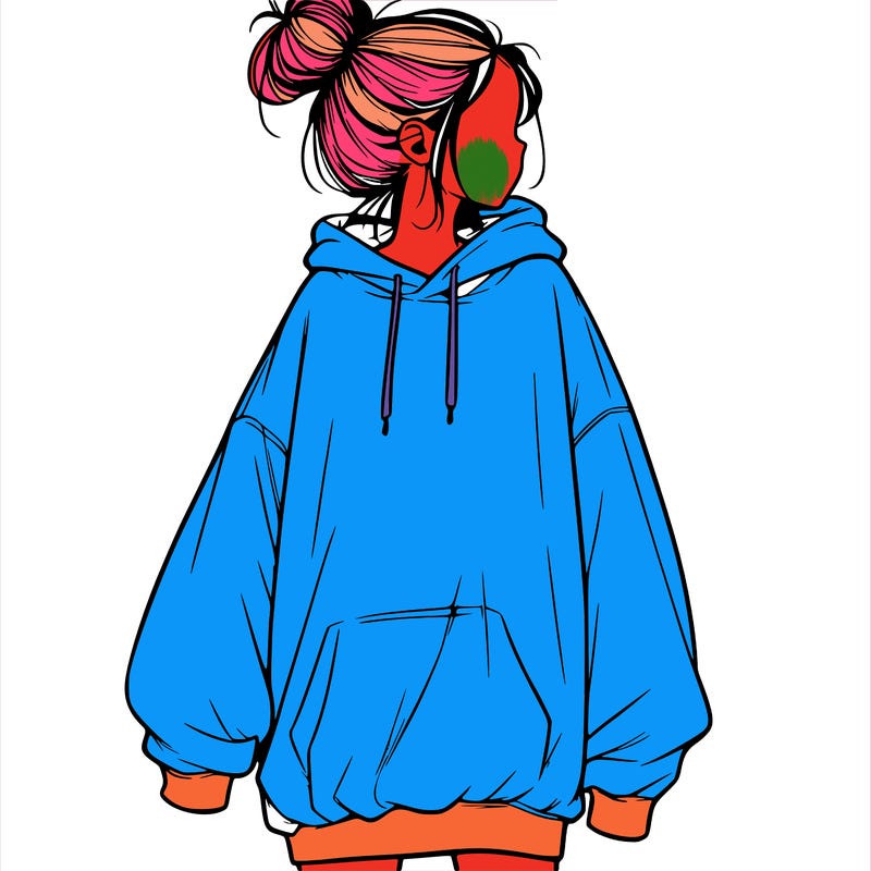 realistic girl with a oversized sweatshirt on and a bun