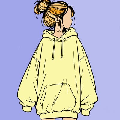 realistic girl with a oversized sweatshirt on and a bun