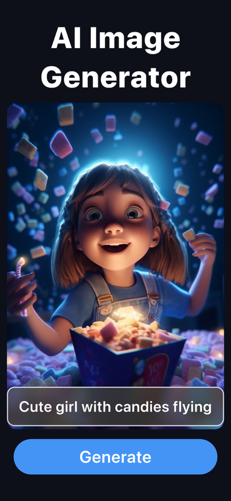 AI Photo Generator - AI Art - Oberfläche der KI-Bildgenerator-App, die eine Eingabeaufforderung und ein generiertes Bild eines Mädchens mit Süßigkeiten zeigt.