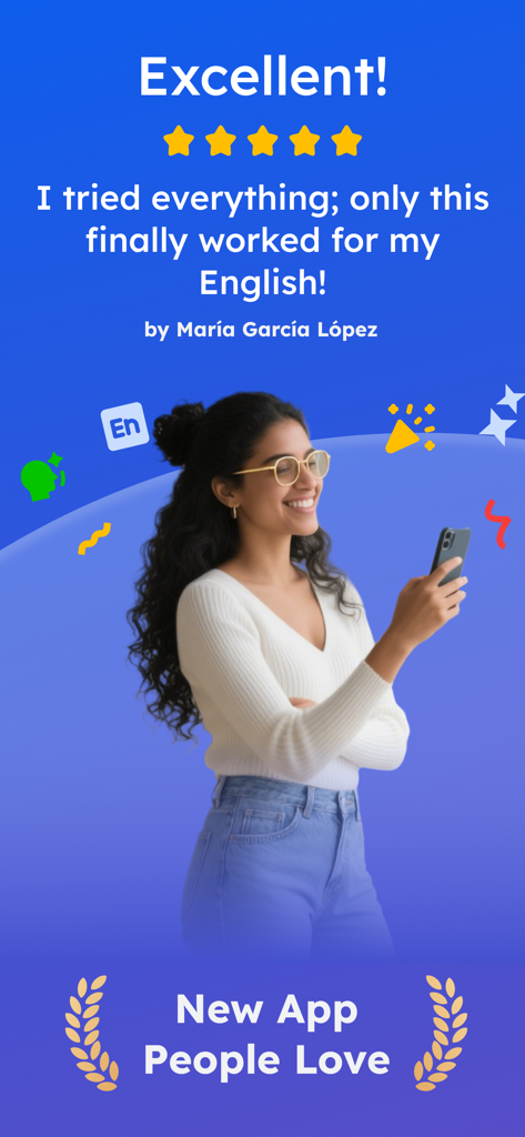 Uma jovem profissional sorridente usando o aplicativo Easy Speak com uma avaliação de cinco estrelas e um depoimento positivo