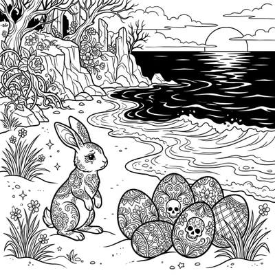 Explore the unexpected beauty of a Gothic Easter beach, where ornate bunnies meet skull-patterned eggs on a melancholic shore. This unique coloring page offers intricate details for a captivating and dark holiday art experience.