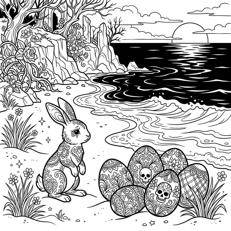 Explore the unexpected beauty of a Gothic Easter beach, where ornate bunnies meet skull-patterned eggs on a melancholic shore. This unique coloring page offers intricate details for a captivating and dark holiday art experience.