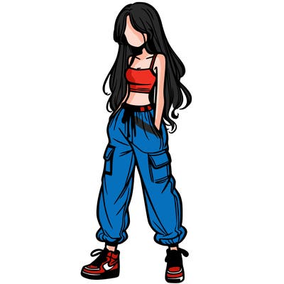 girl in baggy pants crop top and long hair