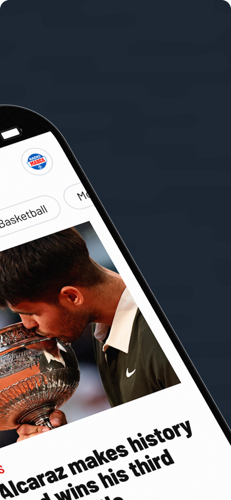 MARCA sports app displaying a headline about Carlos Alcaraz winning a tennis trophy