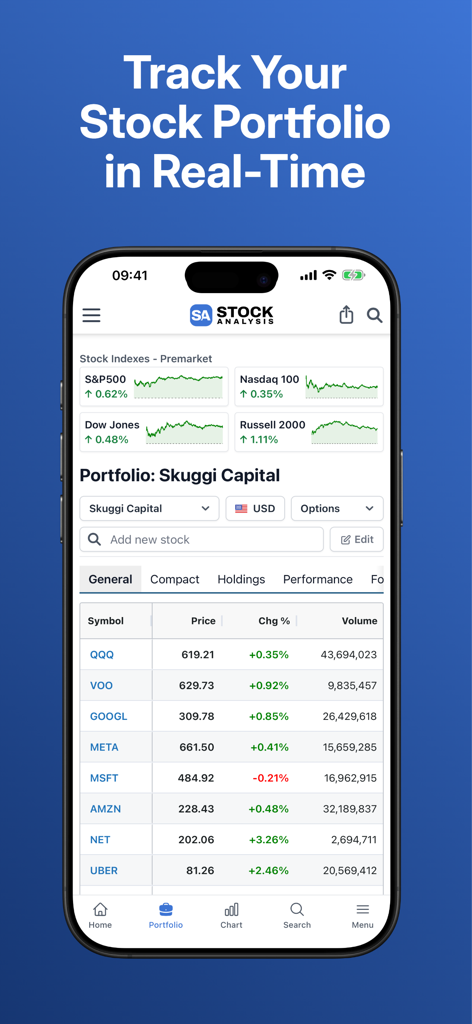 A mobile app screen showing a real-time stock portfolio tracker with market indexes and individual stock performance data.
