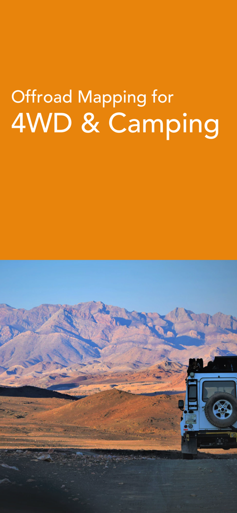 Billy Goat Offroad - Billy Goat Offroad app screen showing offroad mapping for 4WD and camping with a vehicle in a desert mountain landscape