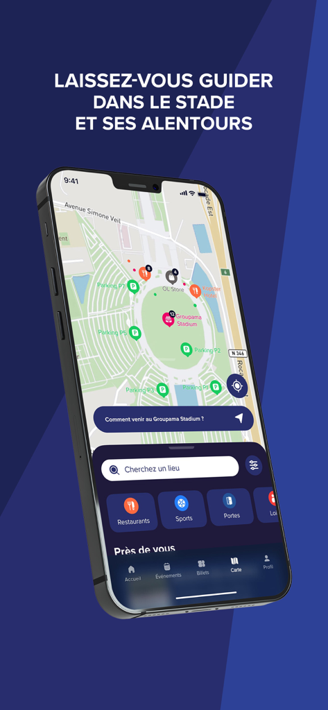 Groupama Stadium - Groupama Stadium app interface showing an interactive map of the stadium and surrounding facilities including parking and restaurants.
