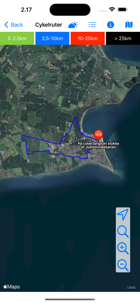 Satellitenkartenansicht einer Radroute in Dänemark mit blauem Pfad und einer Entfernungsmarkierung von 13,9 km