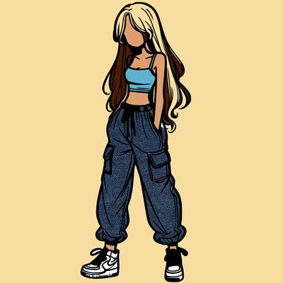 girl in baggy pants crop top and long hair