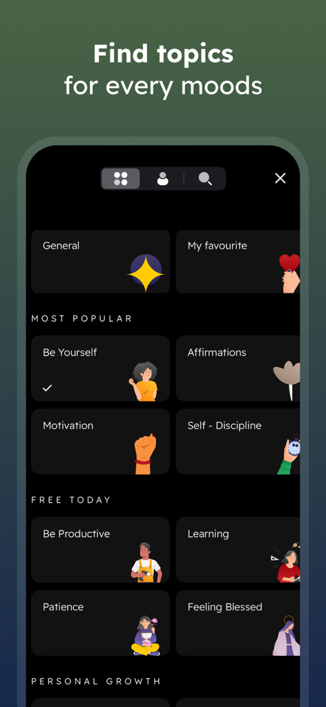 Bildschirm einer mobilen App, der inspirierende Zitatkategorien für verschiedene Stimmungen wie Affirmationen und Motivation zeigt