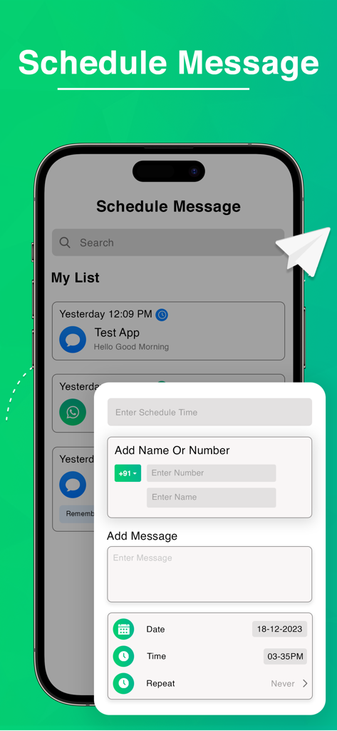 Dual Messenger 2025 - Smartphone screen showing the schedule message interface in the Dual Messenger 2025 app with date and time settings