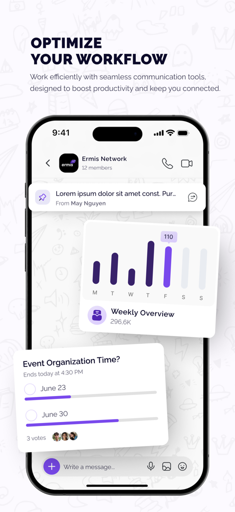 Uhm: Chat & Video - Interfaz móvil de la aplicación Uhm mostrando herramientas de flujo de trabajo de chat grupal y estadísticas generales semanales