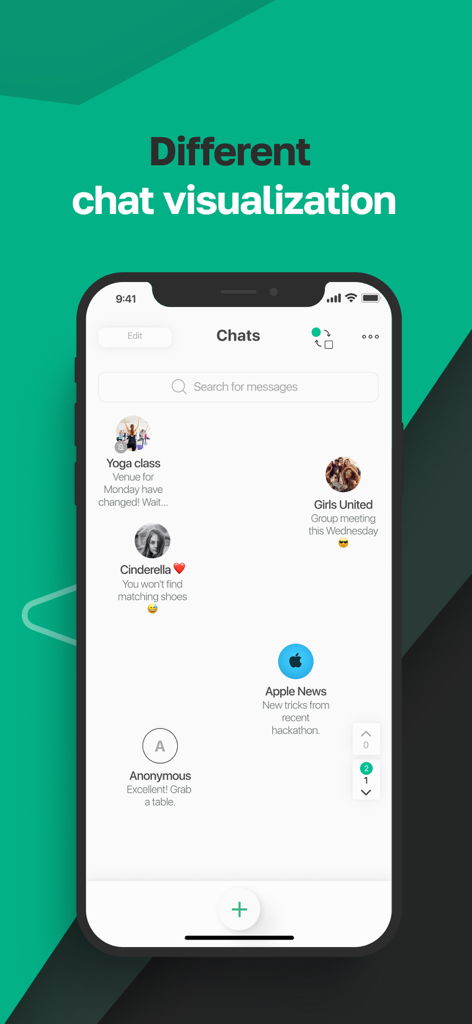 BeProg: Secure messenger - Tela de smartphone mostrando a interface de visualização de chat única e não linear do aplicativo BeProg