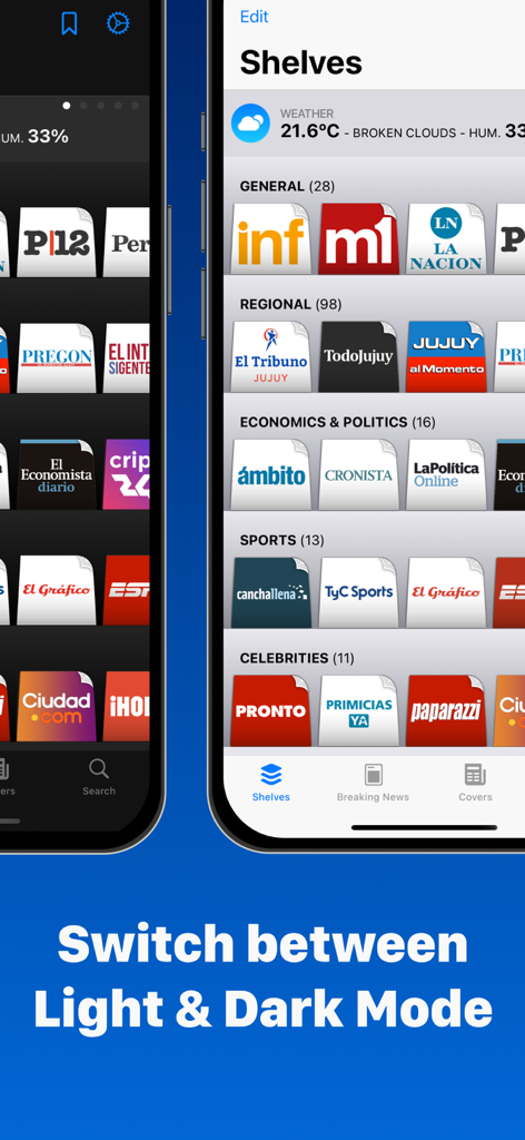 Interface do aplicativo Jornais Argentinos mostrando a troca entre os temas de modo claro e escuro.