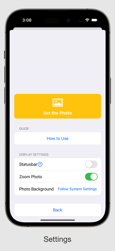 Photo Holder - Settings screen of the Photo Holder app displaying options for setting a photo and adjusting display settings like status bar and zoom