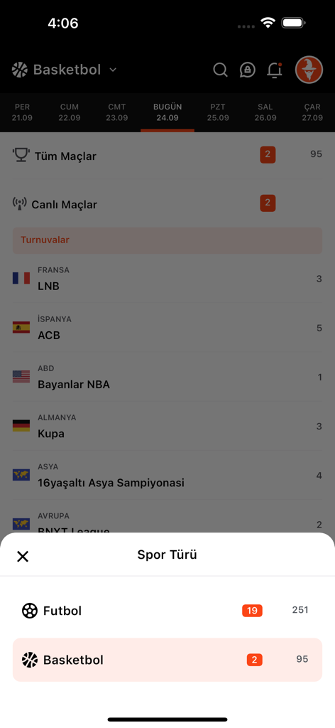 Kahin - Betting Analysis - Kahin Wettanalyse-App-Bildschirm, der Basketballturnierlisten und ein Menü zur Auswahl von Sportkategorien anzeigt