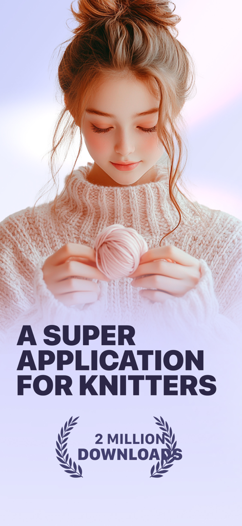Knit It: Rows & Stitch Counter - A young woman holding a pink yarn ball with text describing Knit It as a super application for knitters and celebrating 2 million downloads.