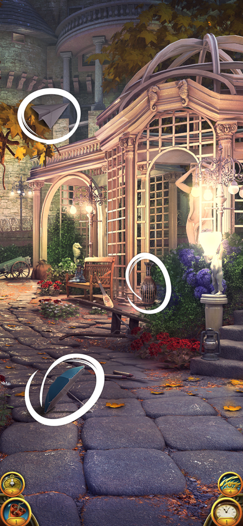 Searching for hidden objects in an enchanting garden pavilion with autumn leaves.