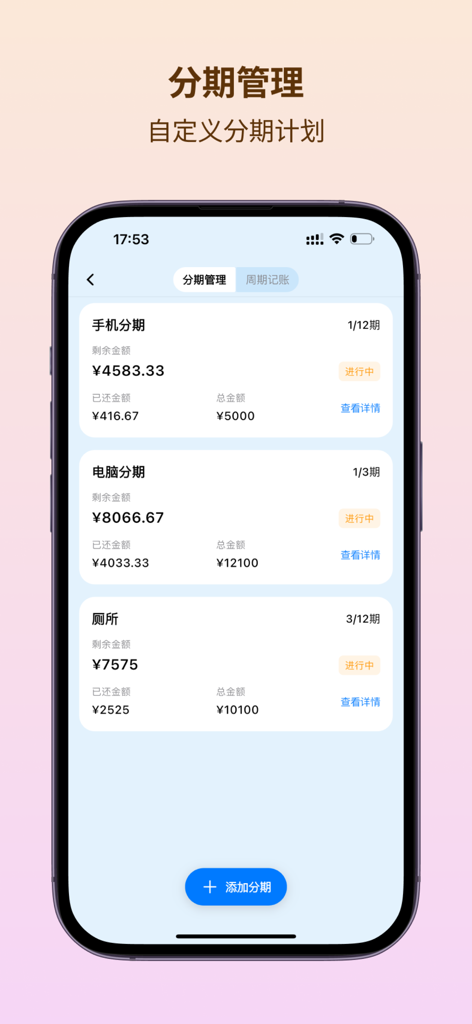 Installment management screen in Dazhuan Yibi app showing active payment plans and remaining balances.