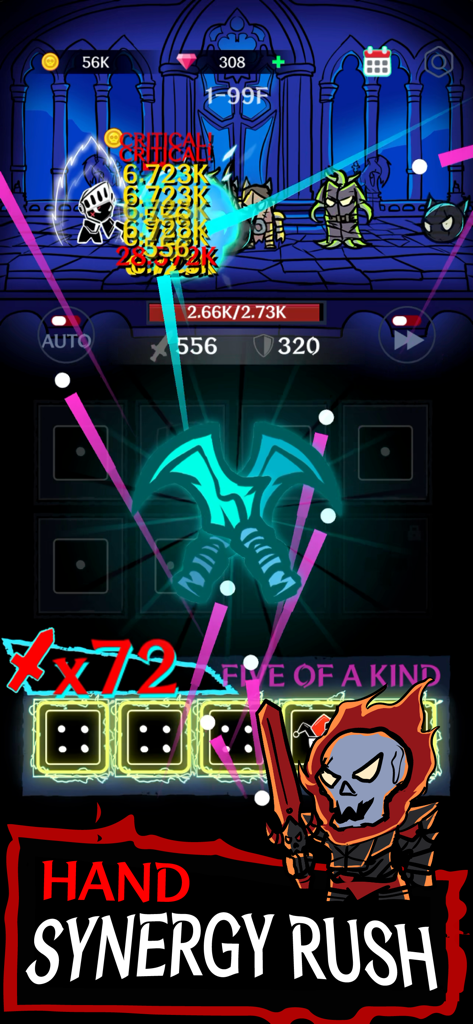 Dark Tap Dice - Juego móvil de Dark Tap Dice mostrando una mano de póker de cinco iguales y efectos de combate intensos.