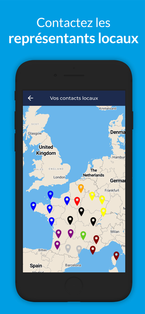 UFAP UNSa Justice - Mappa della Francia che mostra le posizioni dei rappresentanti sindacali locali nell'app mobile UFAP UNSa Giustizia
