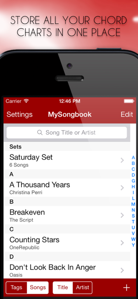 MySongbook - Lyrics and chords - Interface do aplicativo MySongbook exibindo uma lista de músicas digitais e setlists organizadas por artista e título em uma tela de iPhone