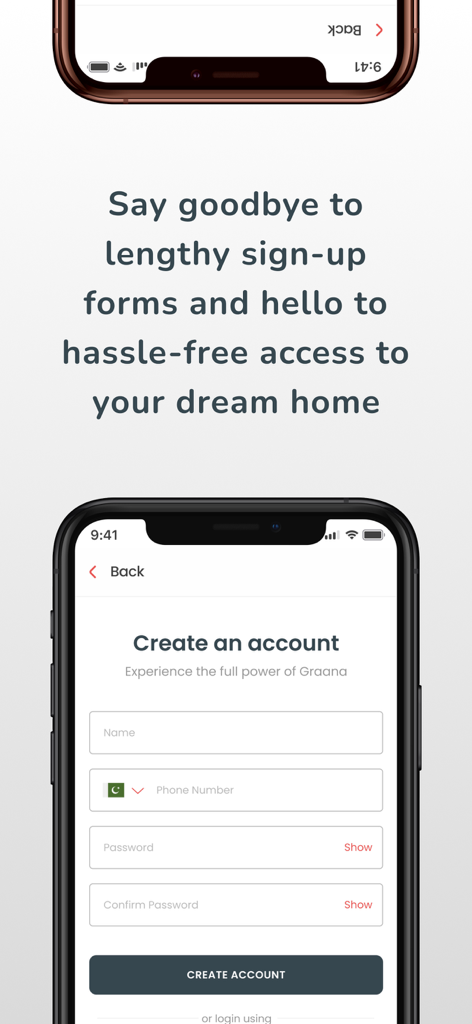 Graana: Real Estate Portal - Una pantalla móvil que muestra el formulario de creación de cuenta para la aplicación inmobiliaria de Graana con campos para nombre y número de teléfono.