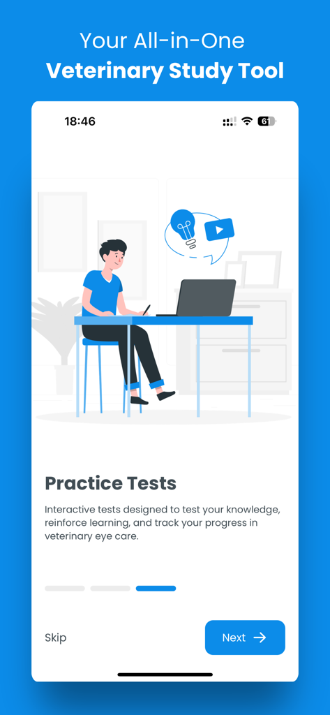 VetEye - VetEye app screen showing interactive practice tests for veterinary eye care