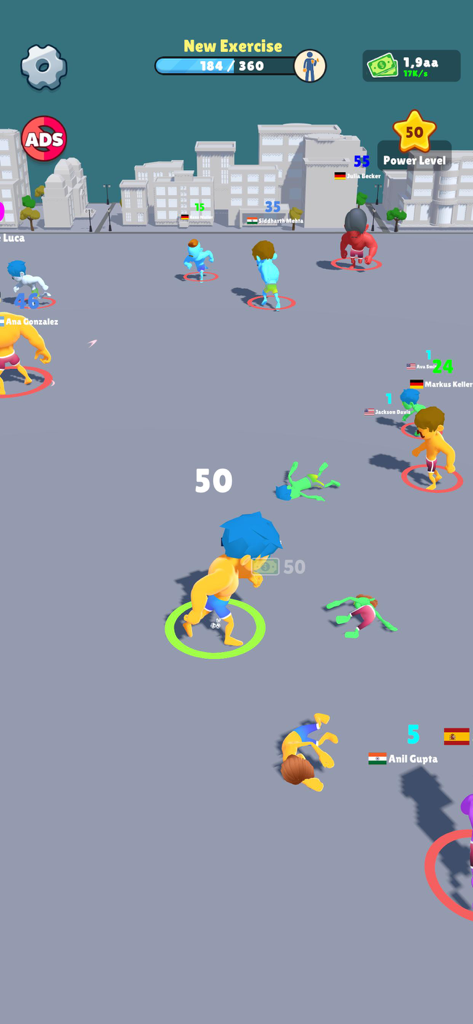 Gym Clicker: KO MMA Boxing - Gym Clicker game screen showing an MMA character in an arena with other players and level indicators