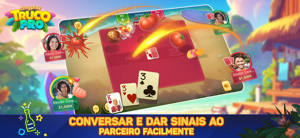 Jugabilidad de Truco ZingPlay mostrando una partida de cartas 2c2 con señales sociales interactivas y emojis