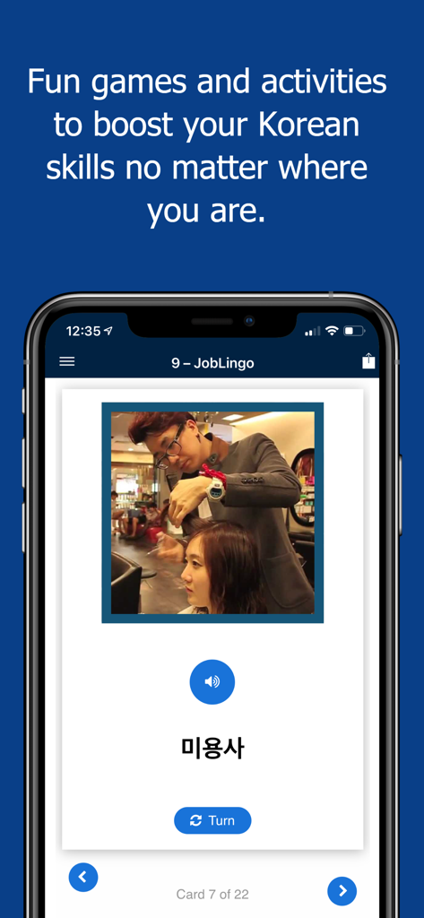 90 Day Korean - A Korean language learning flashcard for the word hairdresser with a supporting image and audio button.