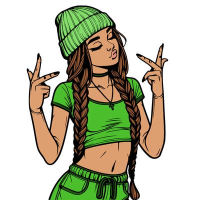 realistic teenage girl with braids and a beanie and crop top doing 🫶🏼
