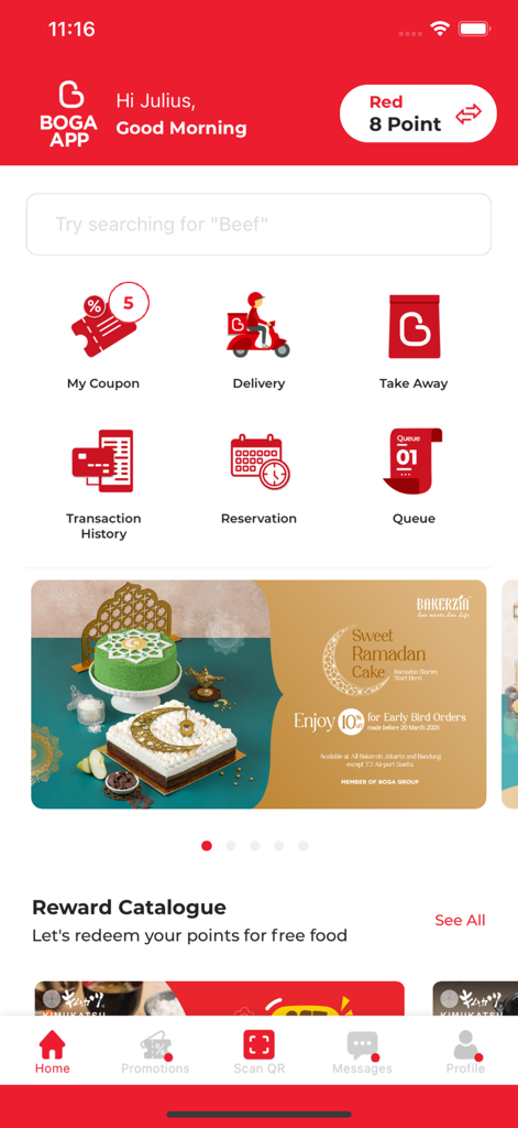 Boga App home screen displaying loyalty points food delivery and reservation features