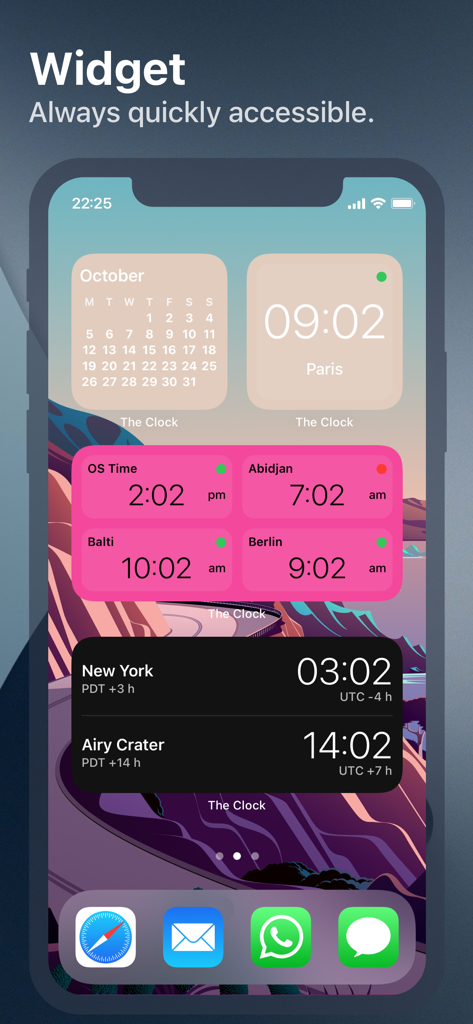 iPhone home screen displaying multiple world clock and calendar widgets for tracking international time zones.