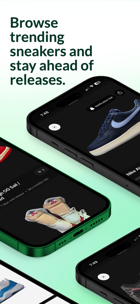 Mobile app screens showing trending sneakers and release notifications