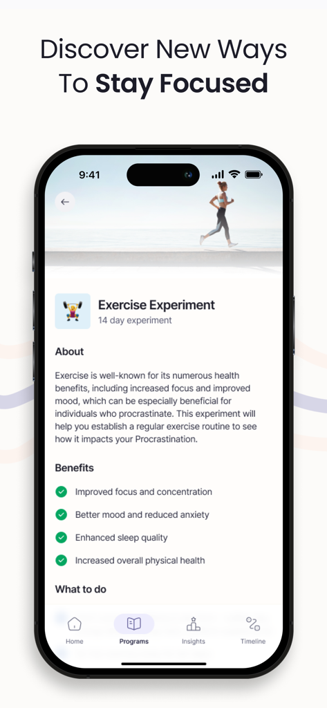 Brainway: Boost Productivity - Pantalla de la aplicación Brainway que muestra un experimento de ejercicio de 14 días diseñado para mejorar el enfoque y reducir la procrastinación.