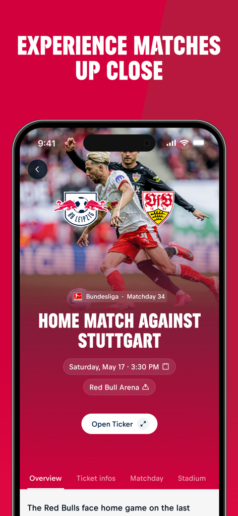 RB Leipzig - Pantalla de la app RB Leipzig mostrando detalles del partido contra Stuttgart en el Red Bull Arena