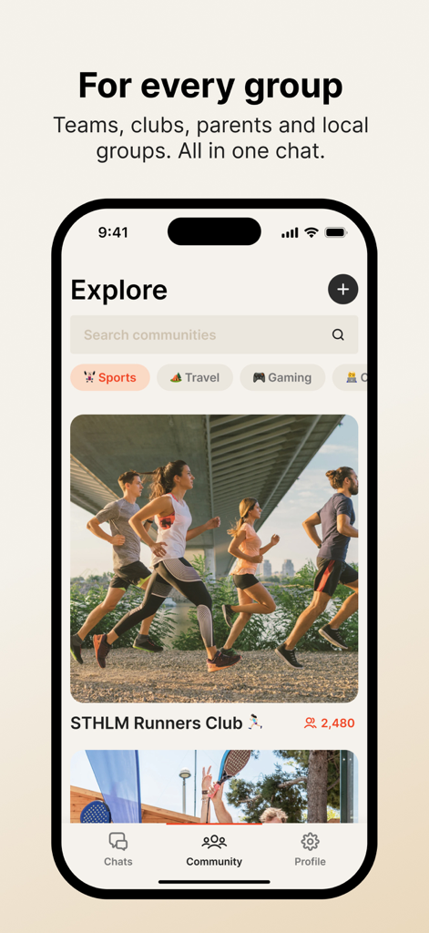 Supertext Messenger - Supertext Messenger app explore screen showing local community groups like a running club and categories for sports travel and gaming