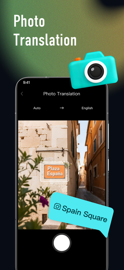 Captura de pantalla de la aplicación BitDynamic que demuestra la traducción de fotos con IA de una señal de calle en español a inglés
