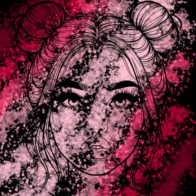 realistic girl with two buns on her hair and lips