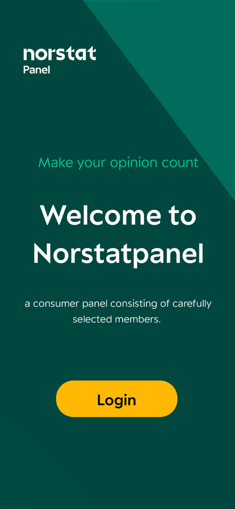 Norstatpanel - Schermata di benvenuto dell'app Norstatpanel con un pulsante di accesso e lo slogan fai valere la tua opinione