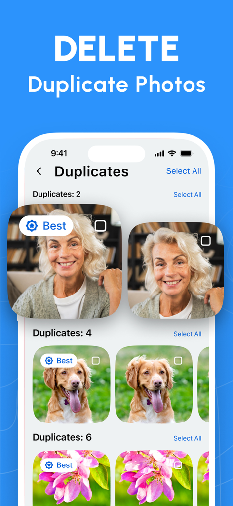 Cleanup - Storage Cleaner AI - App screen showing duplicate photos with AI labeling the best image to keep