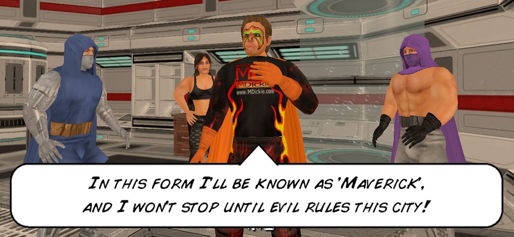 Infinite Lives - Un personaje llamado Maverick en Infinite Lives declarando su intención villana en un entorno urbano en 3D.
