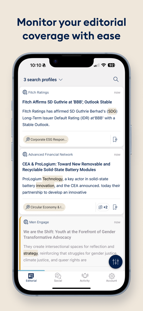 Retriever | Media Monitoring - Retriever app interface showing a real time editorial coverage feed with news mentions for PR professionals