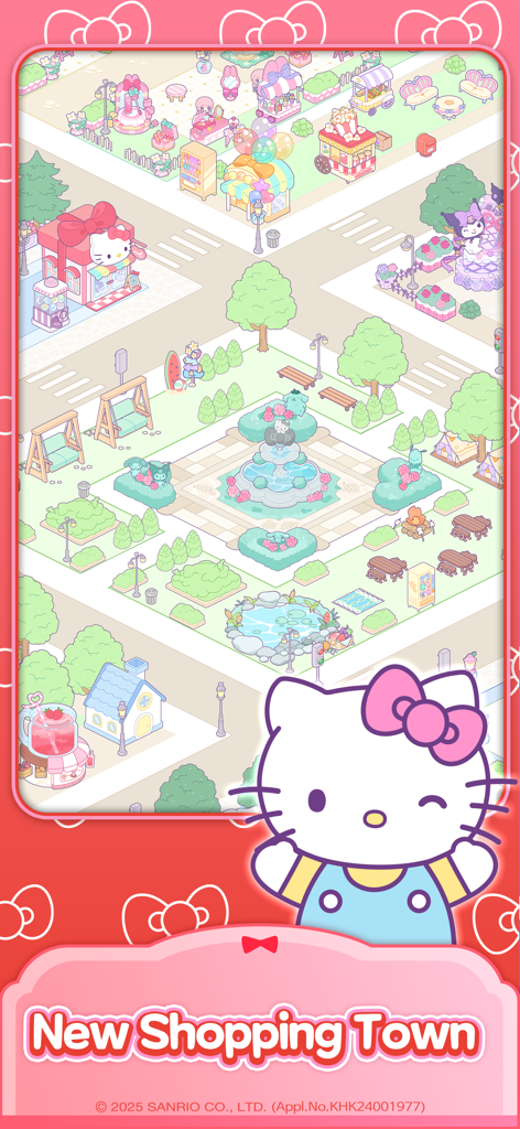 Hello Kitty standing in front of a cute pastel shopping town with various stalls and a fountain