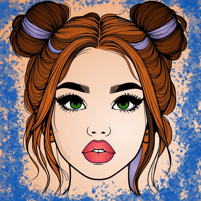realistic girl with two buns on her hair and lips